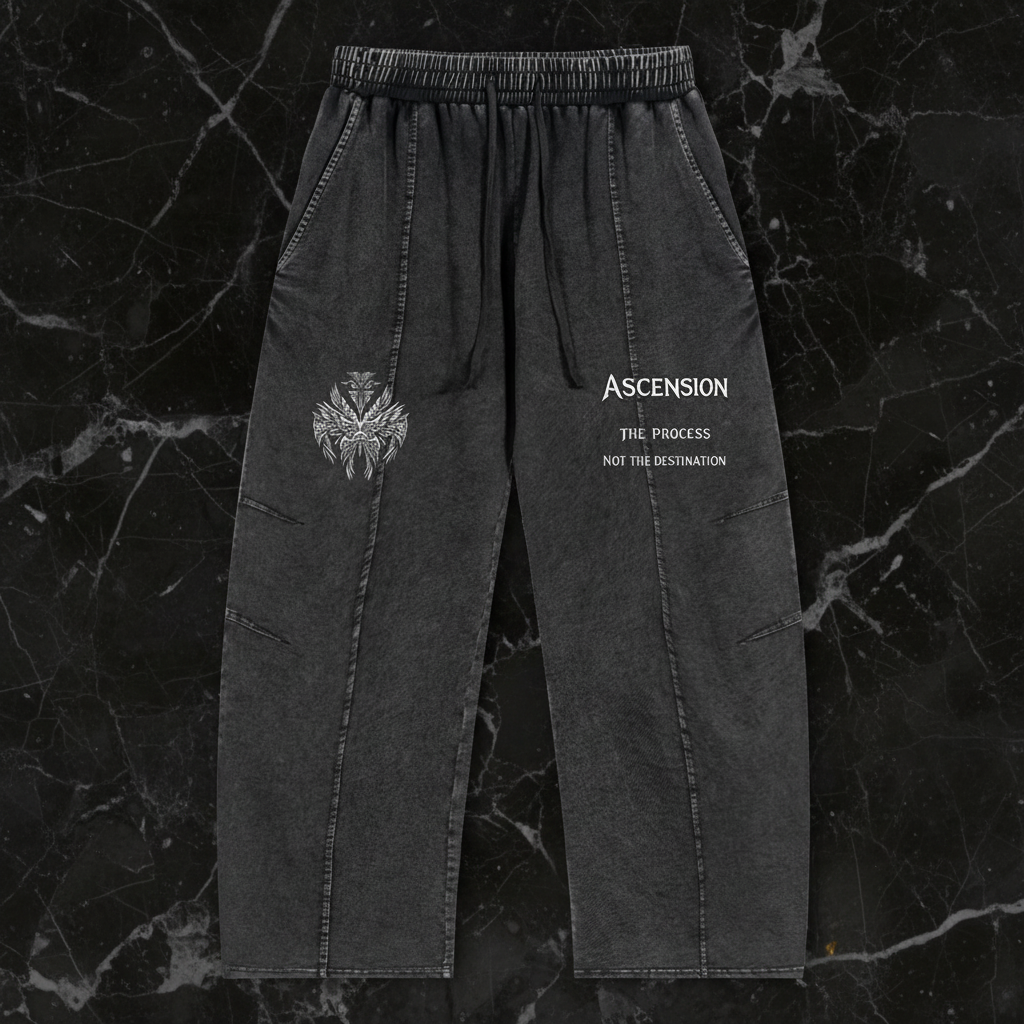 Black pants with 'Ascension' text and logo on a white background